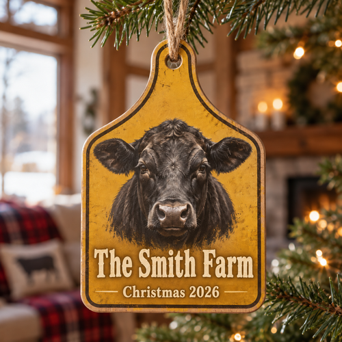 Personalized Farm Name Black Angus Ear Tag Ornament