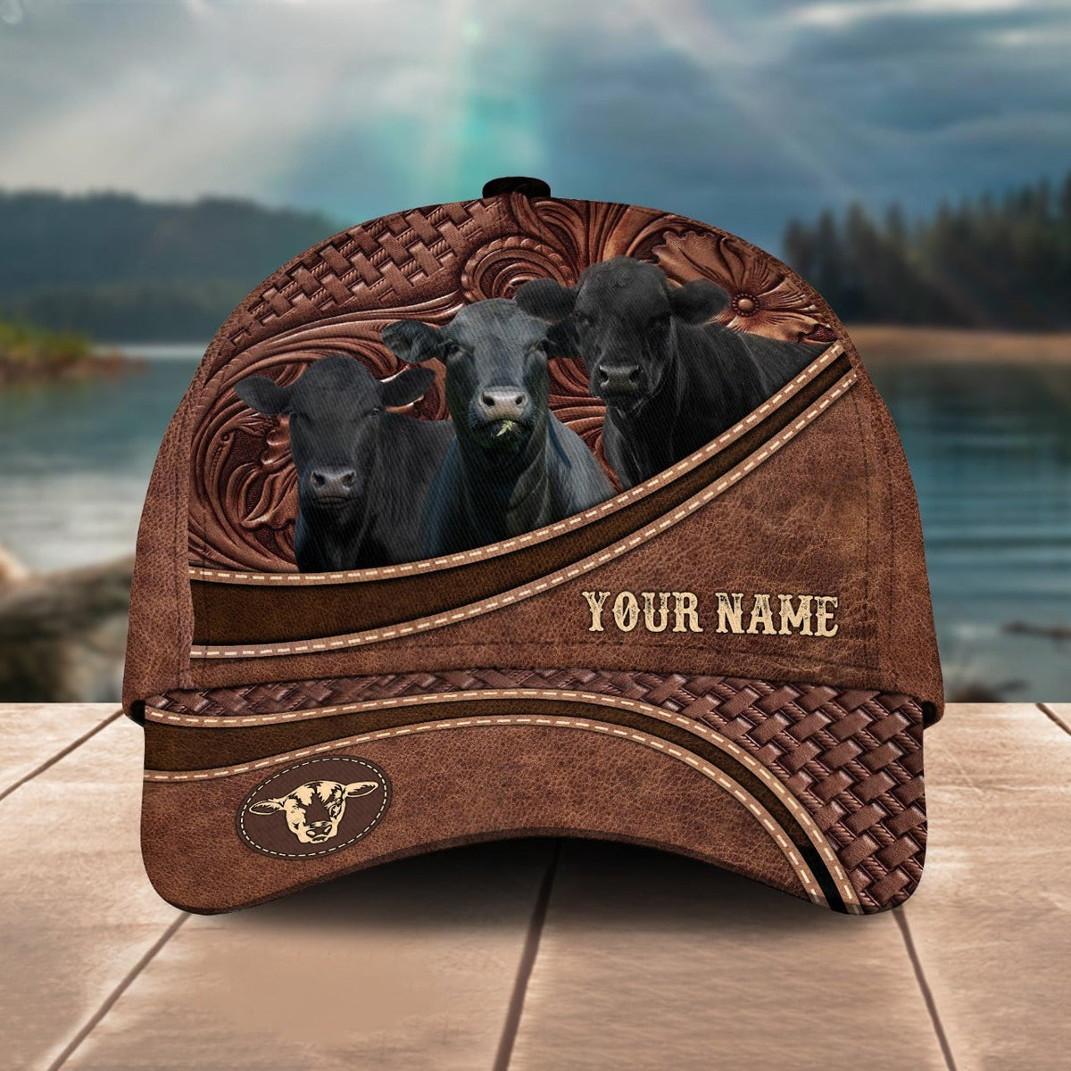 Personalized Black Angus Leather Pattern Classic Cap