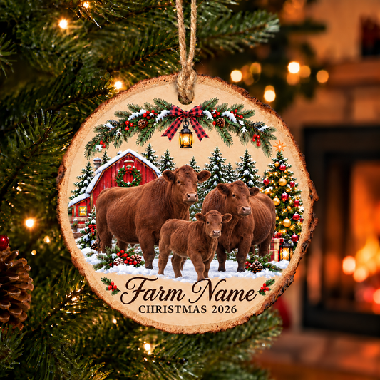 Personalized Farm Name Red Angus Merry Christmas Wood Slice Ornament 2026