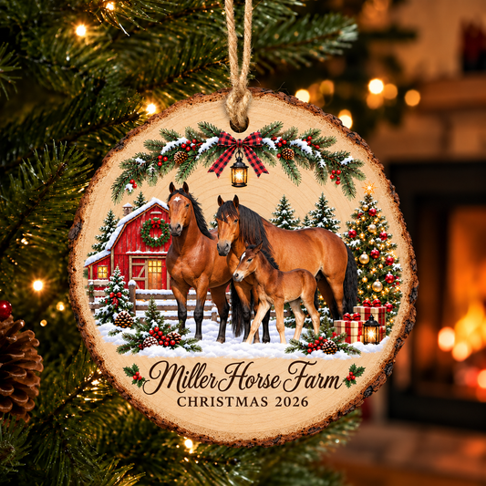 Personalized Farm Name Horse Merry Christmas Wood Slice Ornament 2026
