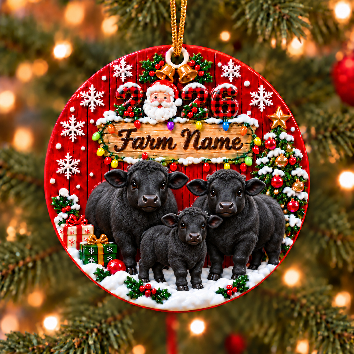 Personalized Farm Name Black Angus Cattle Gift For Farmers - Circle Ceramic Ornament