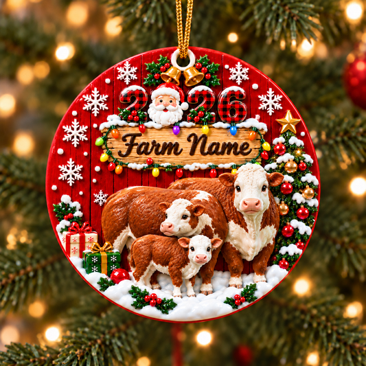 Personalized Farm Name Hereford Cattle Gift For Farmers - Circle Ceramic Ornament