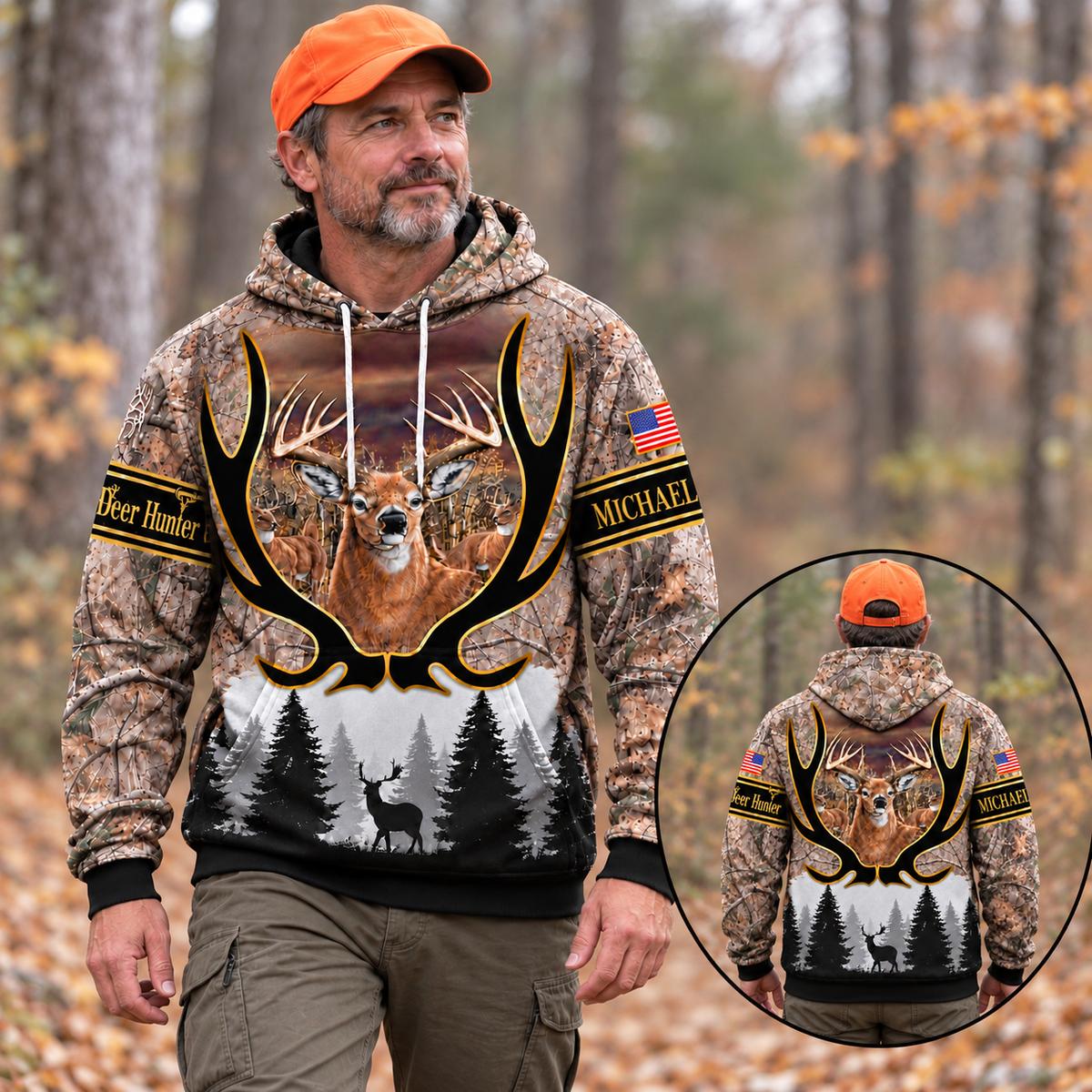 Personalized Name Deer Hunting Grass Brown Camouflage Forest Pattern 3D Over Printed Hoodie