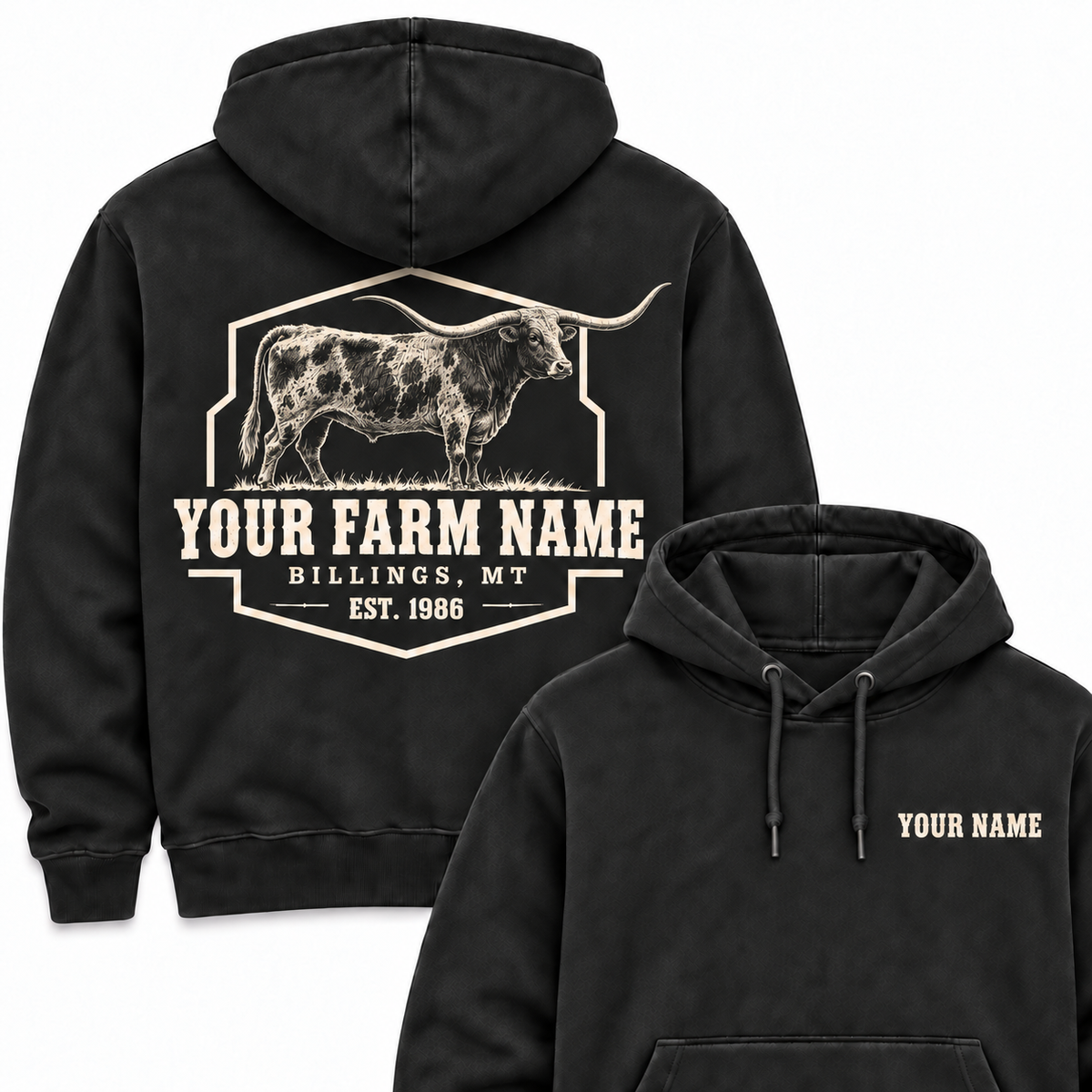 Personalized Name And Farm Name Texas Longhorn Farm Hoodie