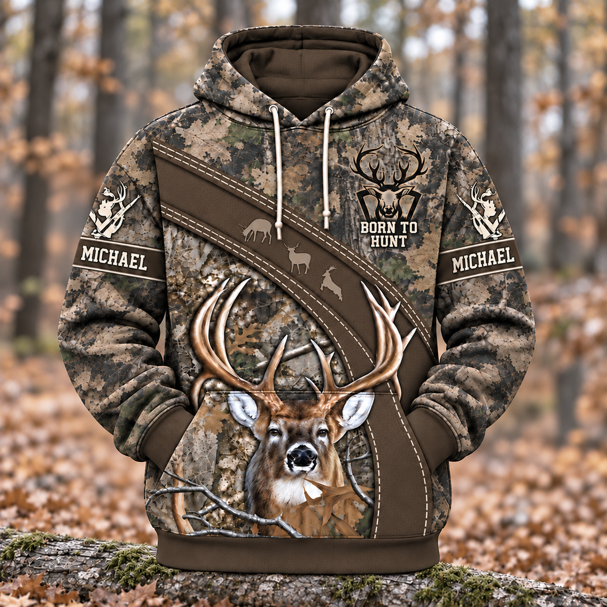 Personalized Name Deer Hunting Camo Forest Pattern 3D Over Printed Hoodie