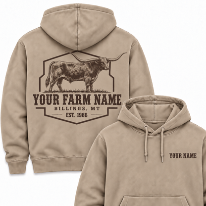 Personalized Name And Farm Name Texas Longhorn Farm Hoodie