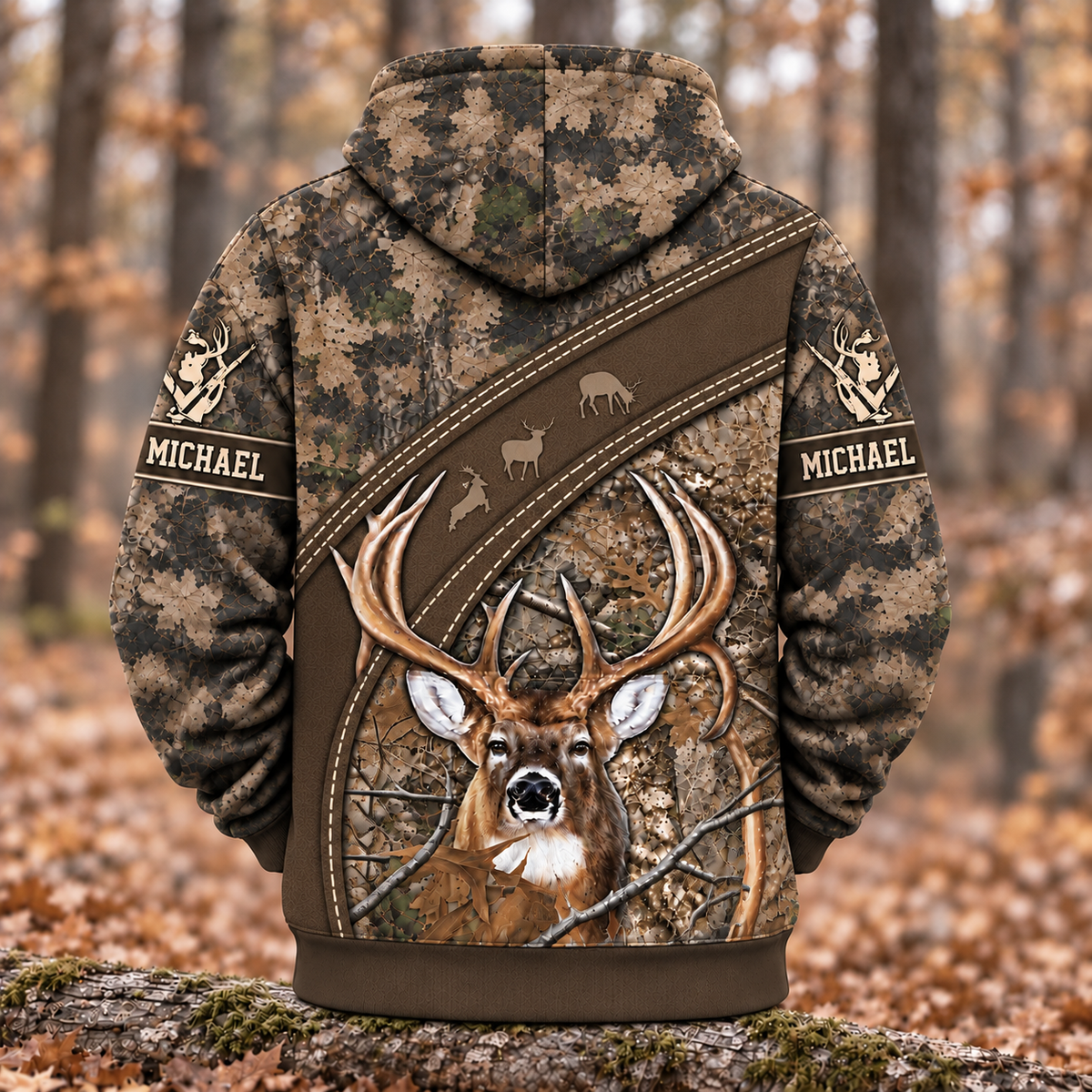 Personalized Name Deer Hunting Camo Forest Pattern 3D Over Printed Hoodie