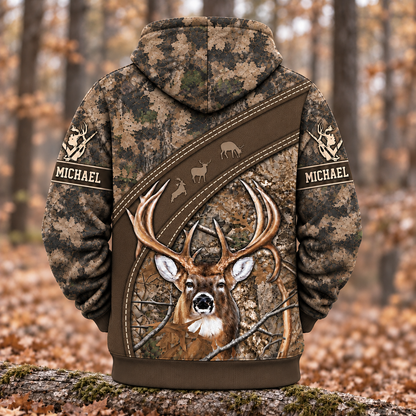 Personalized Name Deer Hunting Camo Forest Pattern 3D Over Printed Hoodie