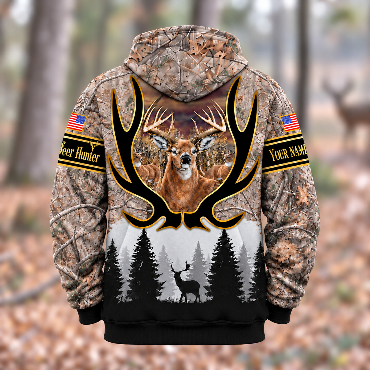 Personalized Name Deer Hunting Grass Brown Camouflage Forest Pattern 3D Over Printed Hoodie