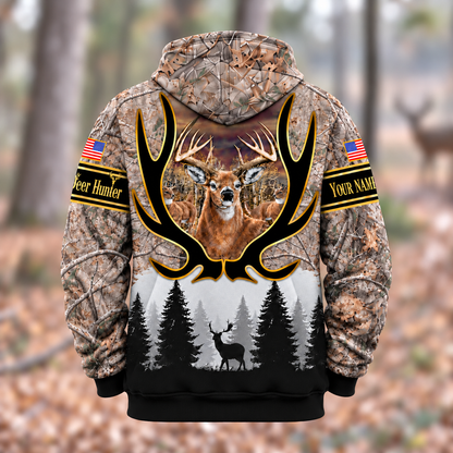 Personalized Name Deer Hunting Grass Brown Camouflage Forest Pattern 3D Over Printed Hoodie