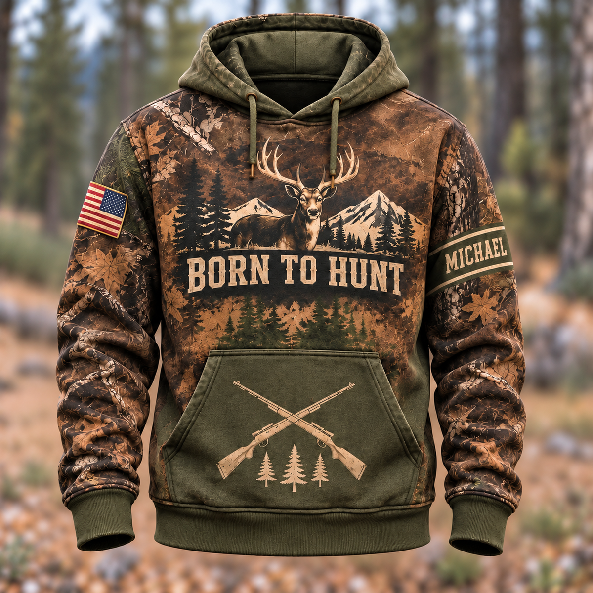 Personalized Name Deer Hunting Camouflage Forest Pattern 3D Over Printed Hoodie