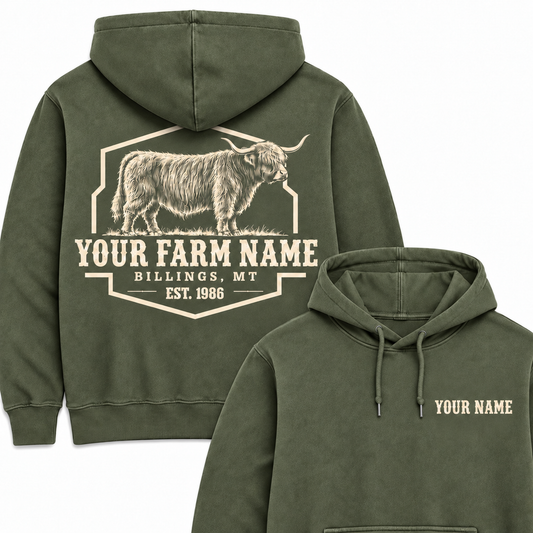 Personalized Name And Farm Name Highland Farm Hoodie