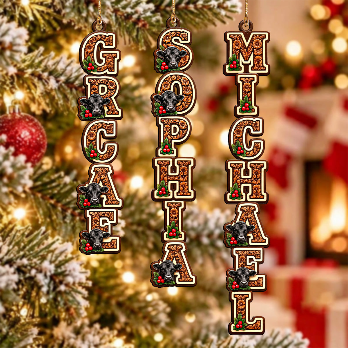 Personalized Name Black Angus Family Wooden Ornament - Name Ornament
