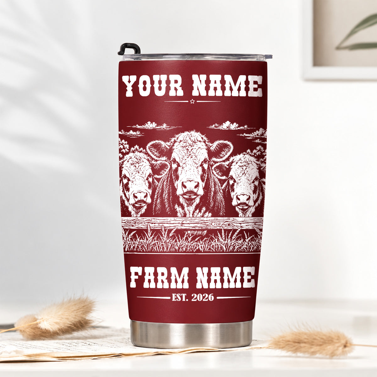 Personalized Name and Farm Name Hereford Line Art Multicolor Tumbler Cup