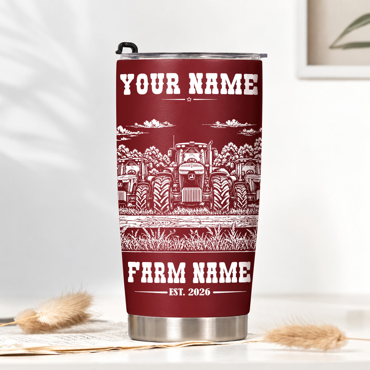 Personalized Name and Farm Name Tractor Line Art Multicolor Tumbler Cup