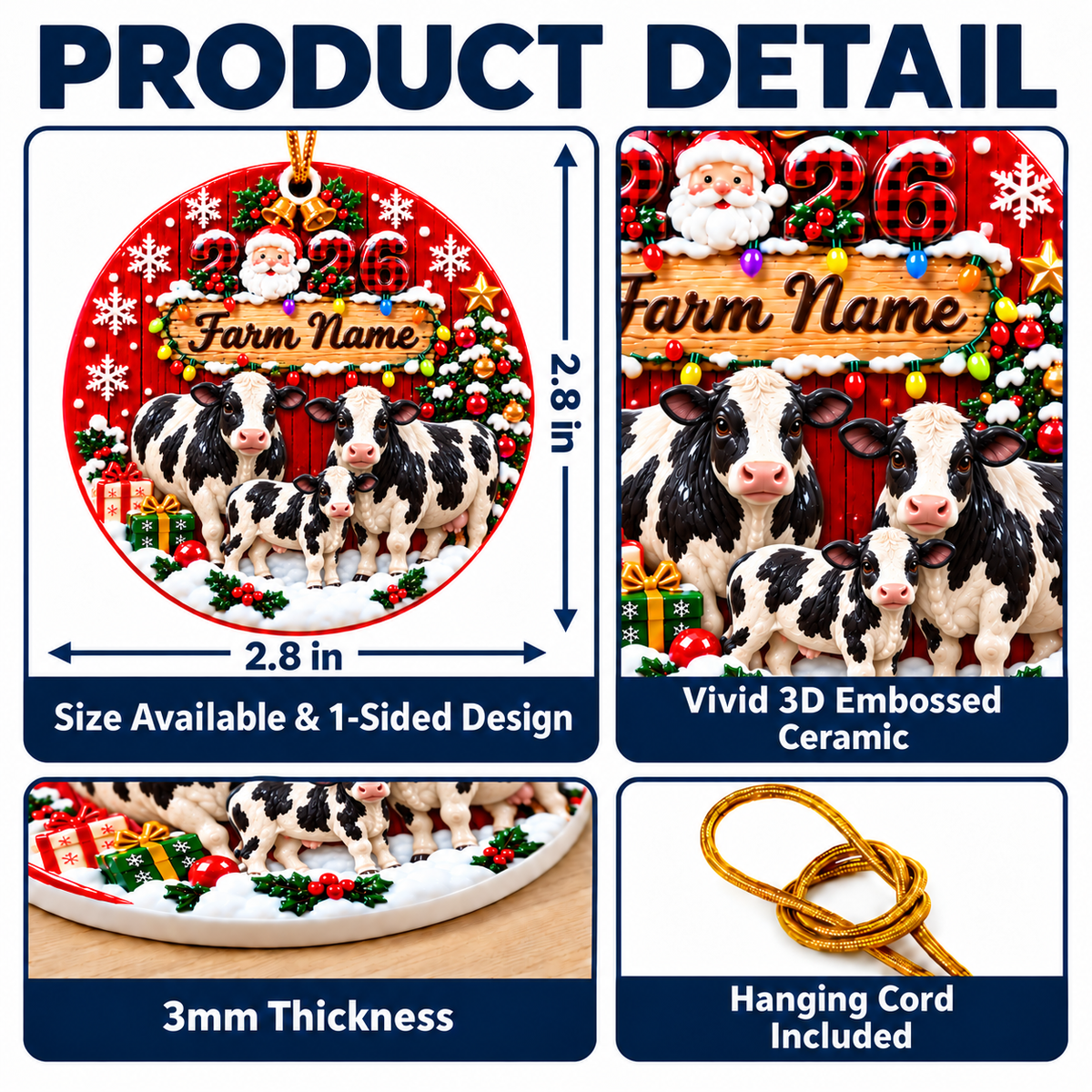 Personalized Farm Name Holstein Gift For Farmers - Circle Ceramic Ornament