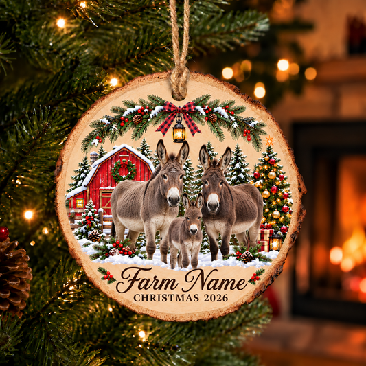 Personalized Farm Name Donkey Merry Christmas Wood Slice Ornament 2026
