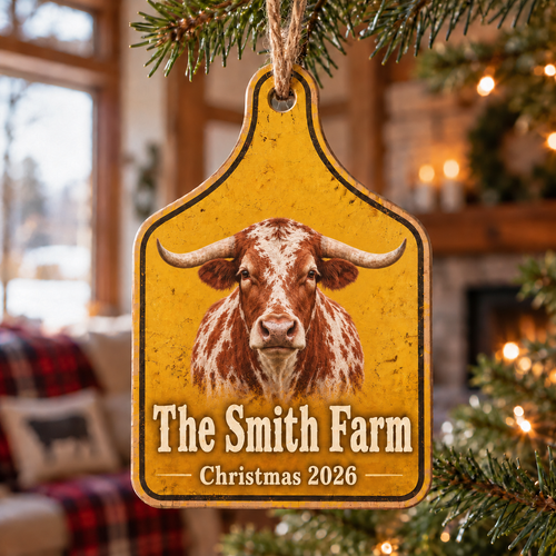 Personalized Farm Name Texas Longhorn Ear Tag Ornament