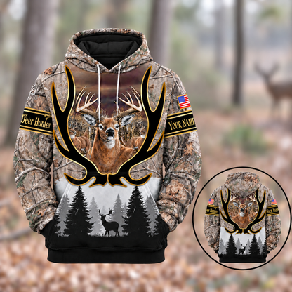 Personalized Name Deer Hunting Grass Brown Camouflage Forest Pattern 3D Over Printed Hoodie