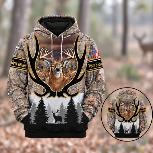 Personalized Name Deer Hunting Grass Brown Camouflage Forest Pattern 3D Over Printed Hoodie