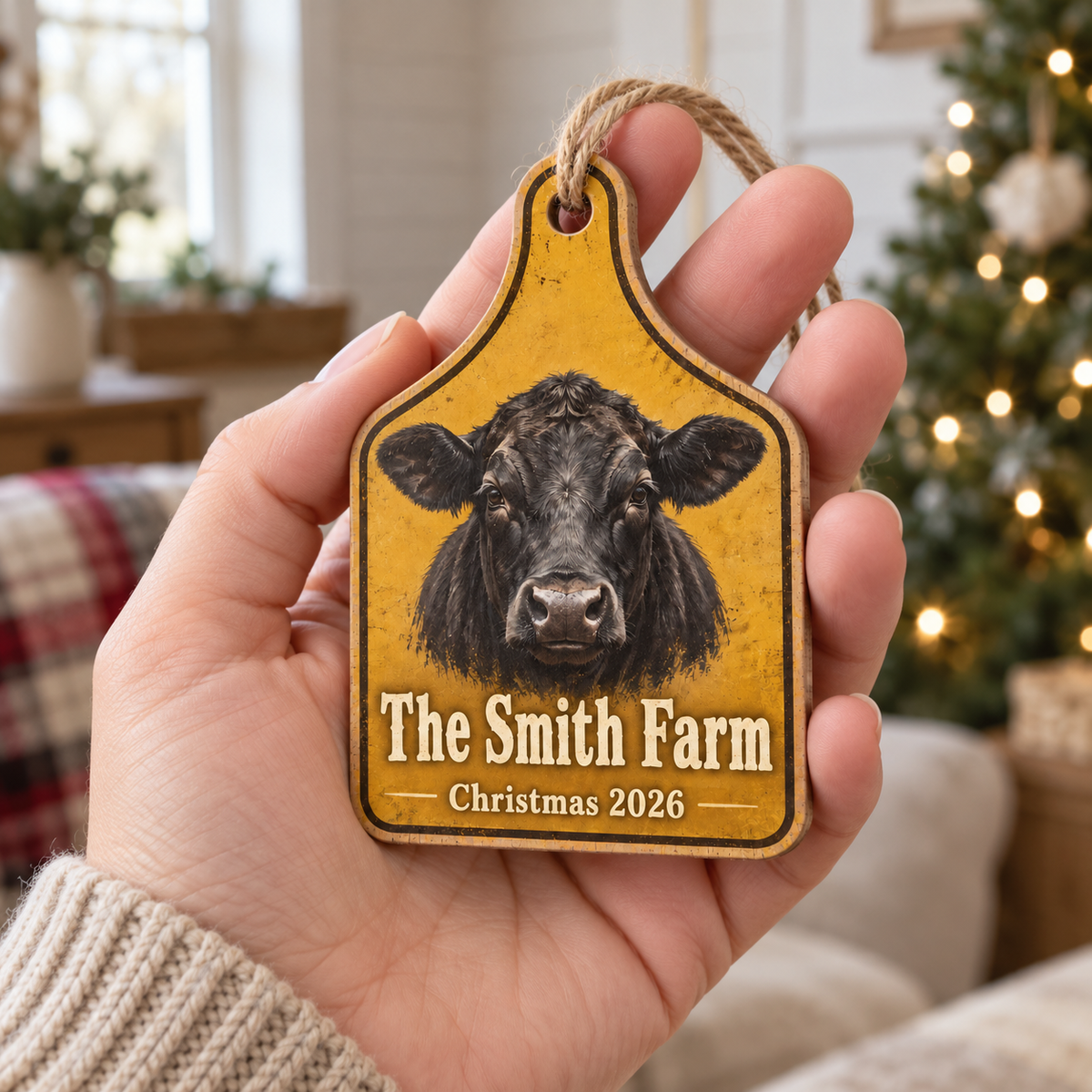 Personalized Farm Name Black Angus Ear Tag Ornament