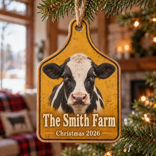 Personalized Farm Name Holstein Ear Tag Ornament