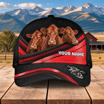 Personalized Name Red Angus Metal Pattern Red Black Classic Cap