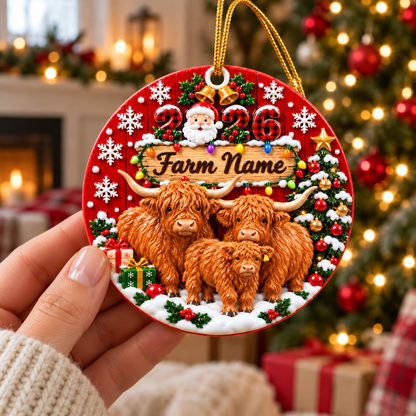 Personalized Farm Name Highland Cattle Gift For Farmers - Circle Ceramic Ornament