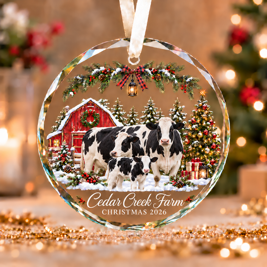 Personalized Farm Name Holstein Merry Christmas Glass Ornament