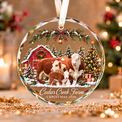 Personalized Farm Name Hereford Cattle Merry Christmas Glass Ornament