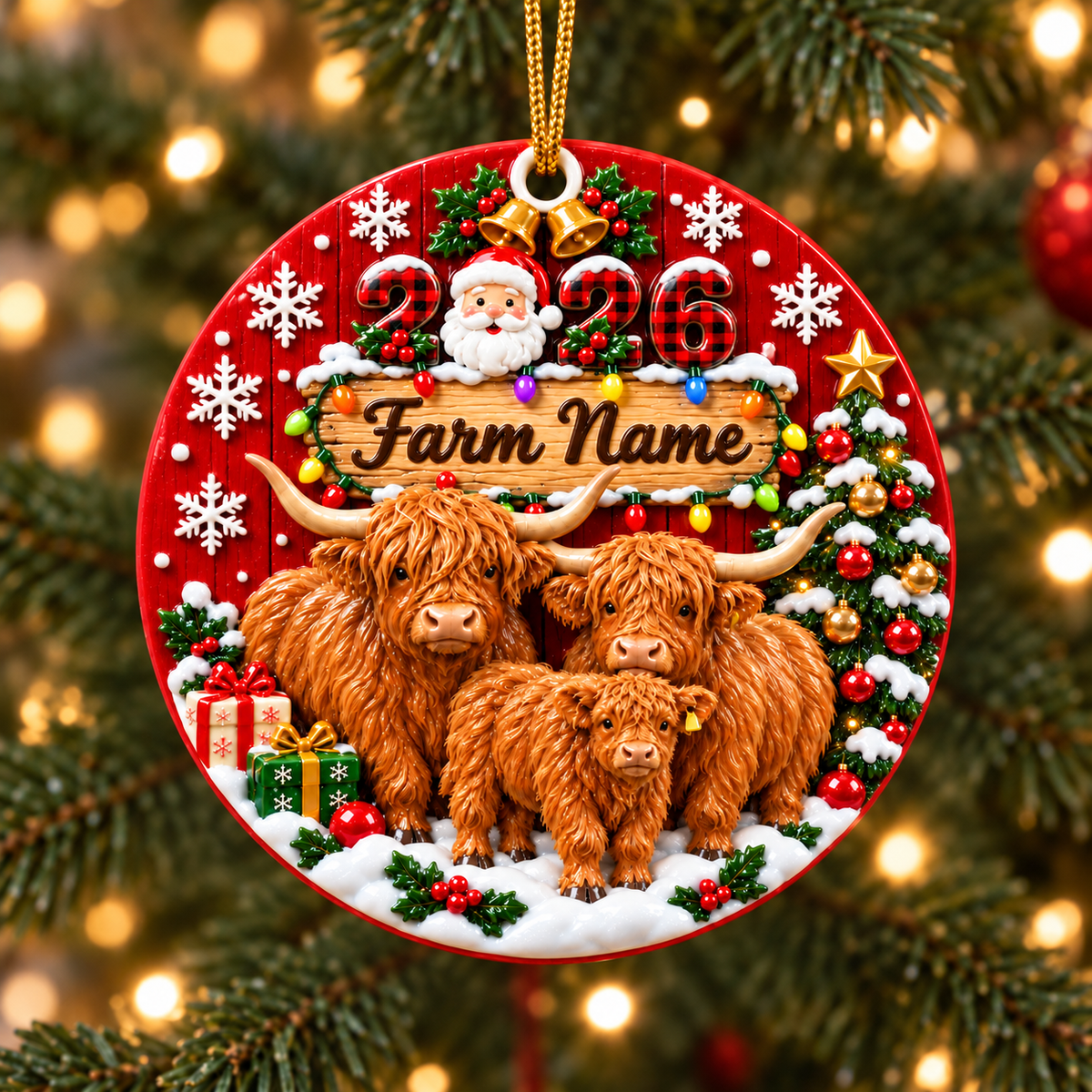 Personalized Farm Name Highland Cattle Gift For Farmers - Circle Ceramic Ornament