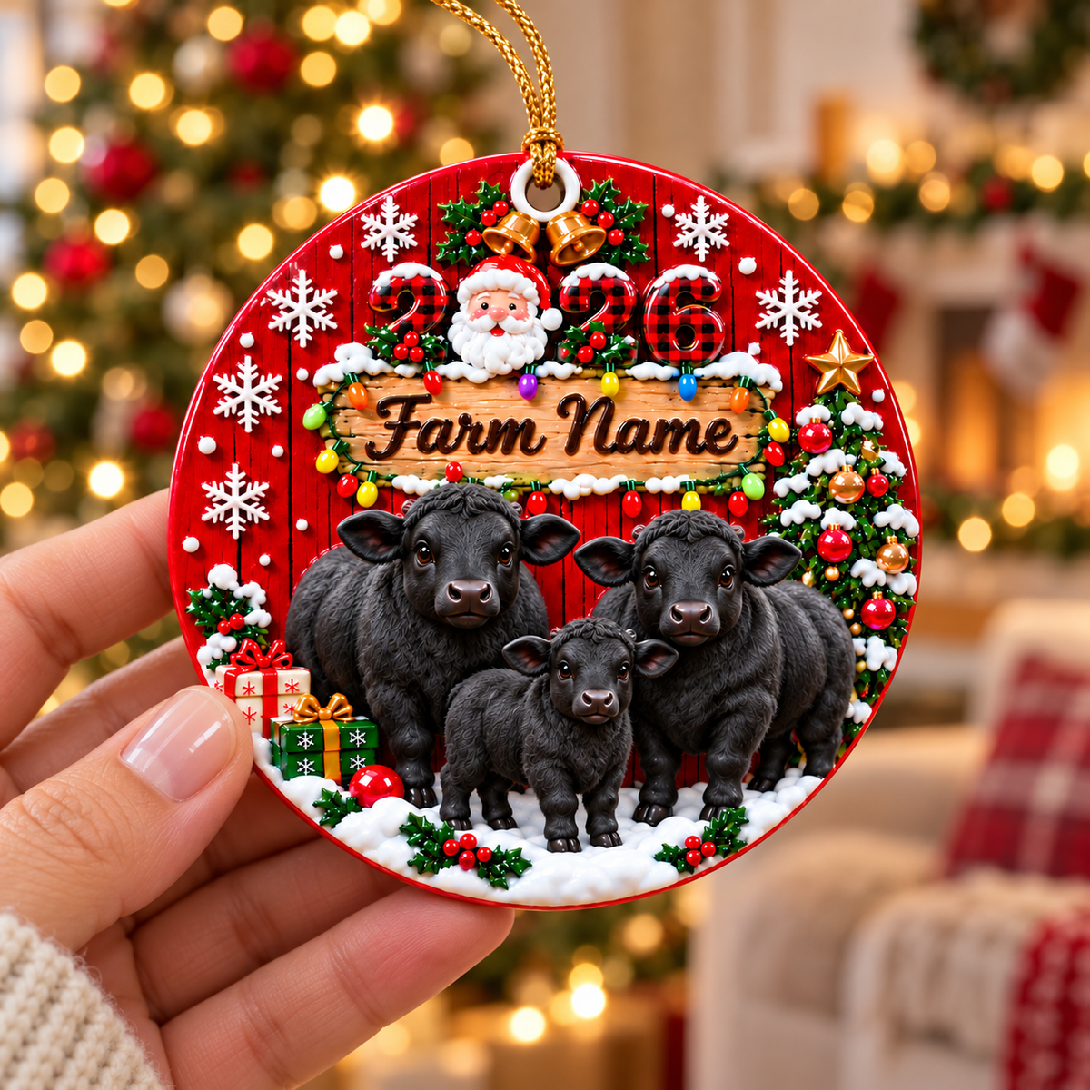 Personalized Farm Name Black Angus Cattle Gift For Farmers - Circle Ceramic Ornament