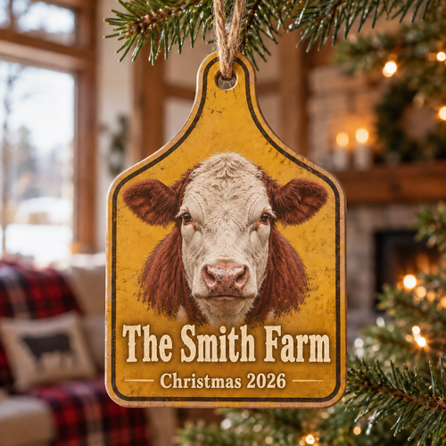 Personalized Farm Name Hereford Ear Tag Ornament