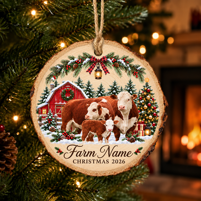 Personalized Farm Name Hereford Cattle Merry Christmas Wood Slice Ornament 2026
