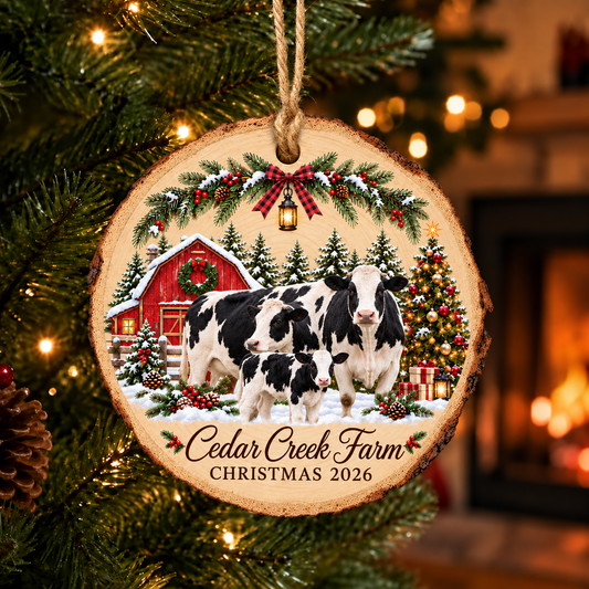 Personalized Farm Name Holstein Merry Christmas Wood Slice Ornament 2026