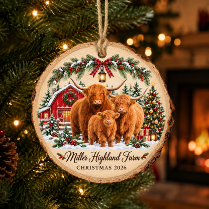 Personalized Farm Name Highland Cattle Merry Christmas Wood Slice Ornament 2026