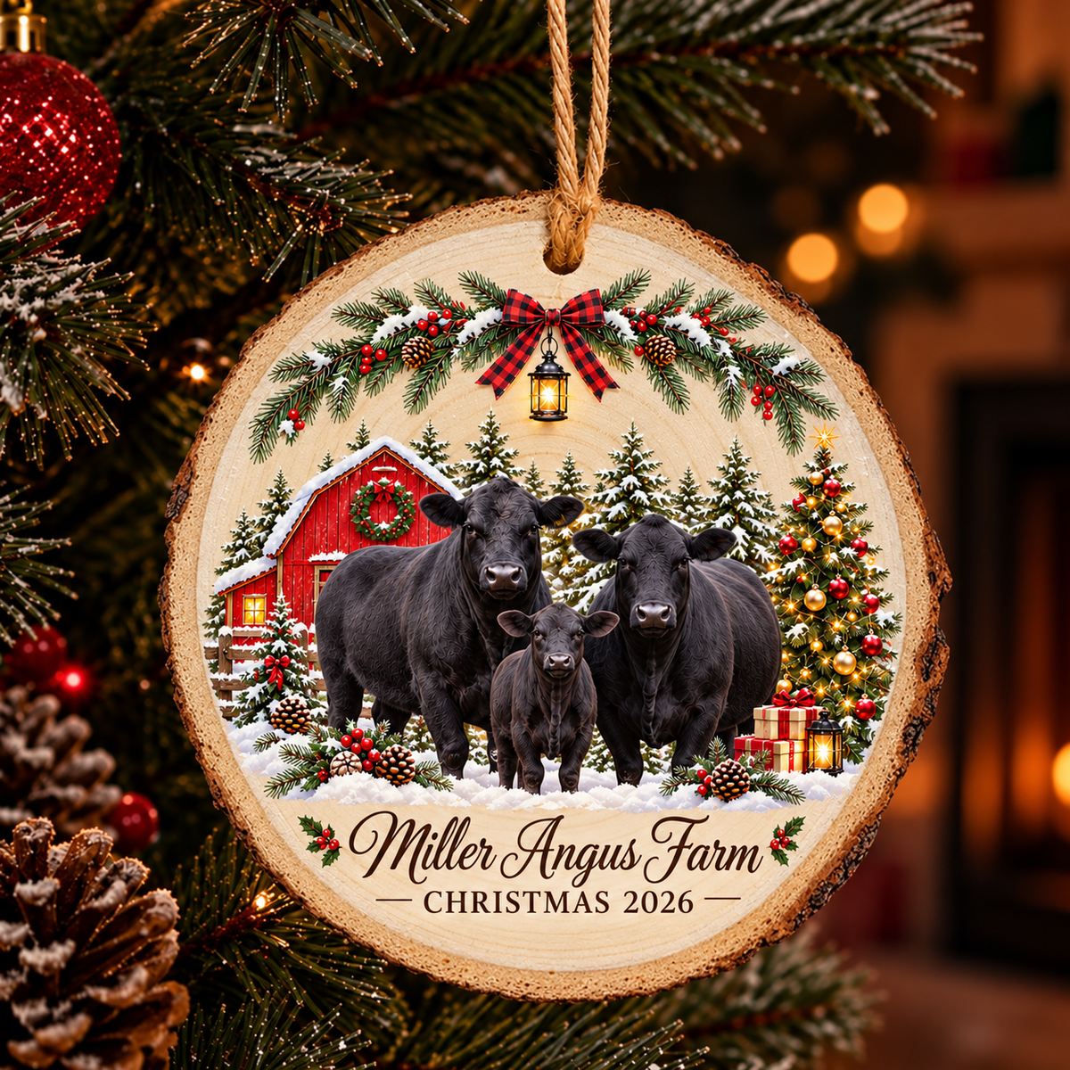 Personalized Farm Name Angus Cattle Merry Christmas Wood Slice Ornament 2026