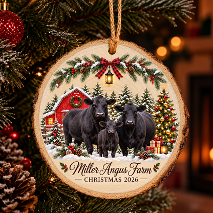 Personalized Farm Name Angus Cattle Merry Christmas Wood Slice Ornament 2026