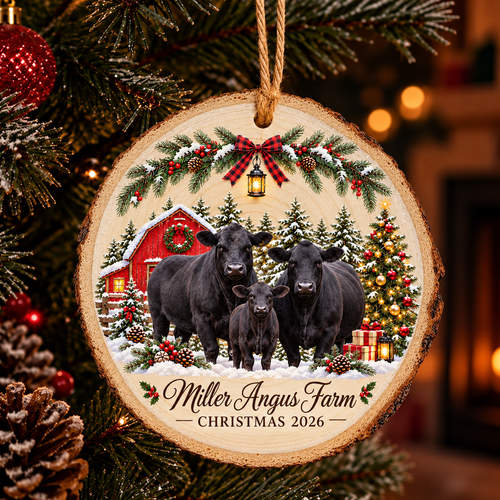 Personalized Farm Name Angus Cattle Merry Christmas Wood Slice Ornament 2026