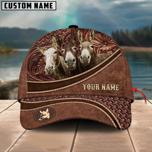 Personalized Name Donkey Brown Carving Leather Pattern 3D Classic Cap