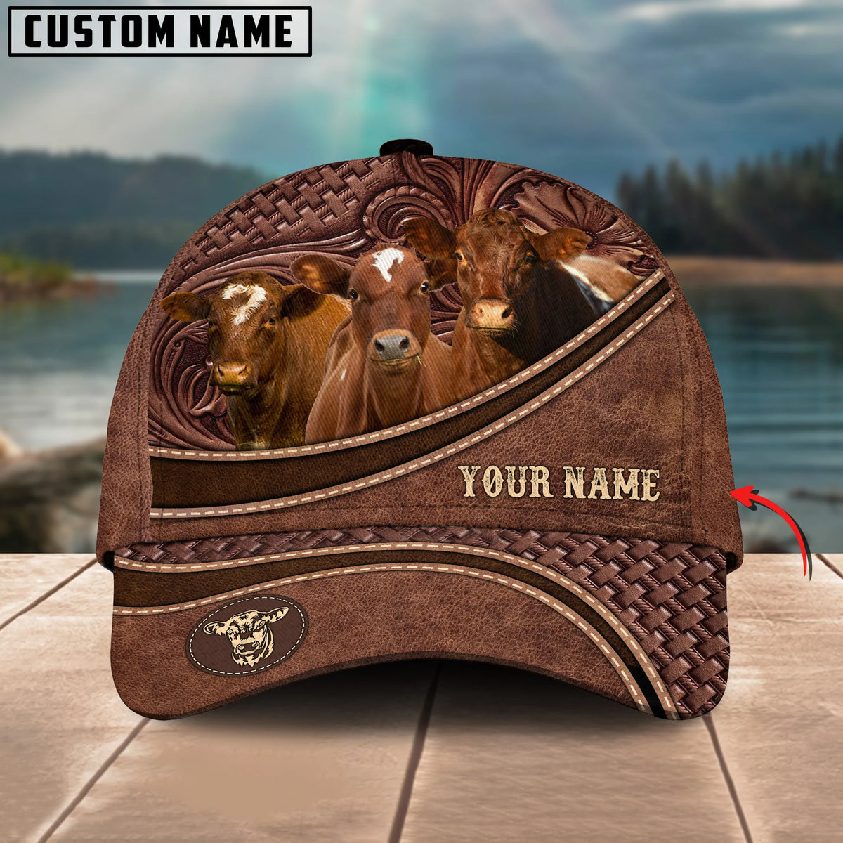 Personalized Name Shorthorn Carving Leather Pattern 3D Classic Cap