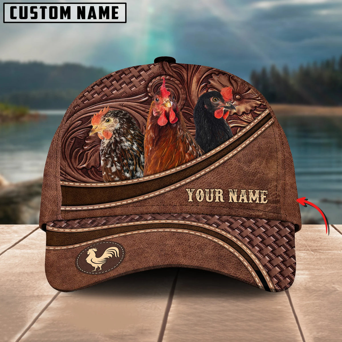 Personalized Name Chicken Brown Carving Leather Pattern 3D Classic Cap