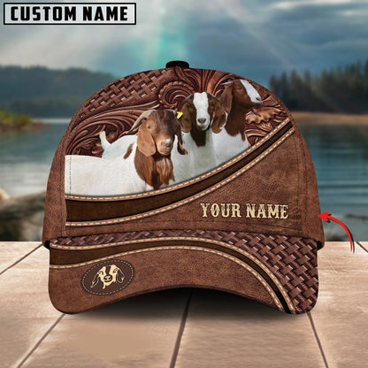 Personalized Name Boer Goat Brown Carving Leather Pattern 3D Classic Cap