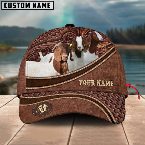 Personalized Name Boer Goat Brown Carving Leather Pattern 3D Classic Cap