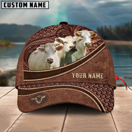 Personalized Name Charolais Brown Carving Leather Pattern 3D Classic Cap