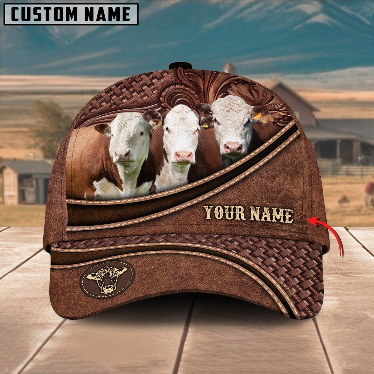 Personalized Hereford Cattle Carving Leather Pattern Classic Cap