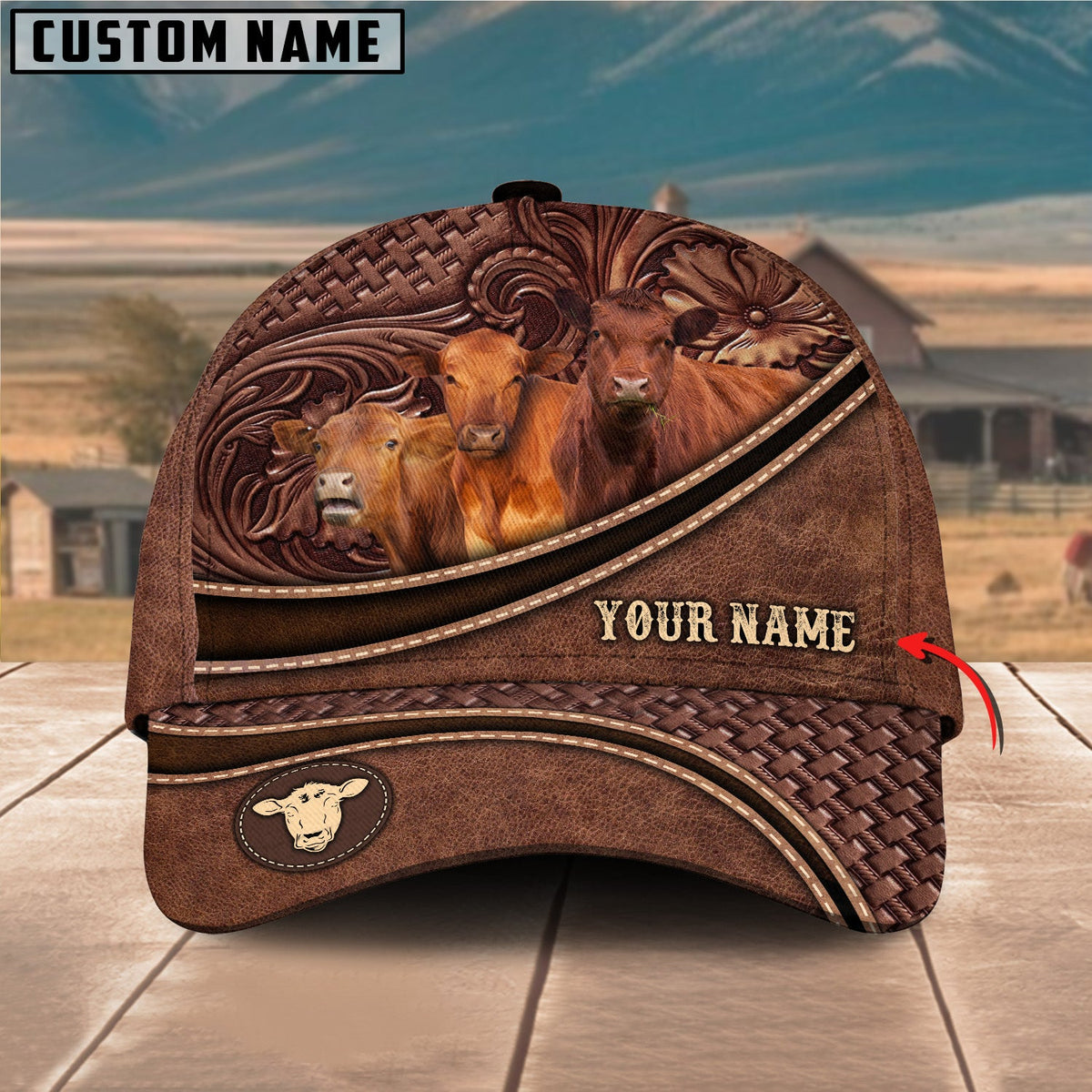 Personalized Red Angus Carving Leather Pattern Classic Cap