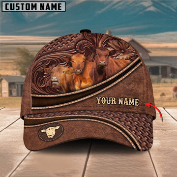 Personalized Red Angus Carving Leather Pattern Classic Cap