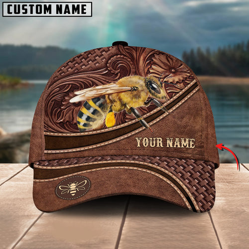 Personalized Name Honey Bees Brown Carving Leather Pattern 3D Classic Cap