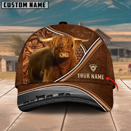 Ranvibes Personalized Highland Cattle Sunset Leather Pattern Classic Cap